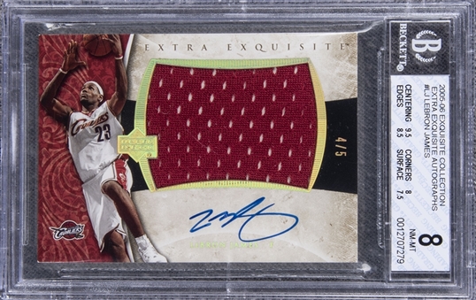 2005-06 UD "Exquisite Collection" Extra Exquisite Autographs #LJ LeBron James Signed Game Used Patch Card (#4/5) – BGS NM-MT 8/BGS 10